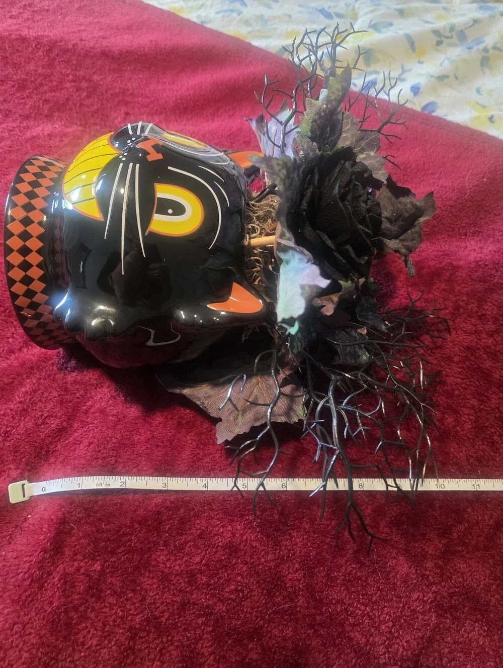 Halloween Artificial Floral Arrangement Cat Theme Black Ceramic Pot 10 Inches